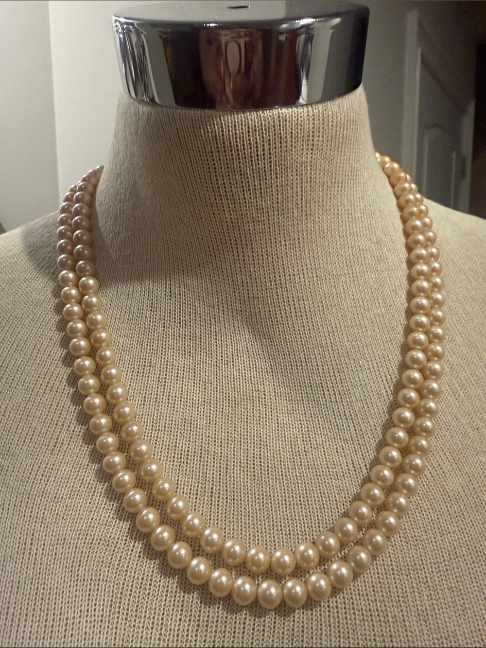 Vintage Faux Pearl Double Strand Necklace with Filigree Lock
